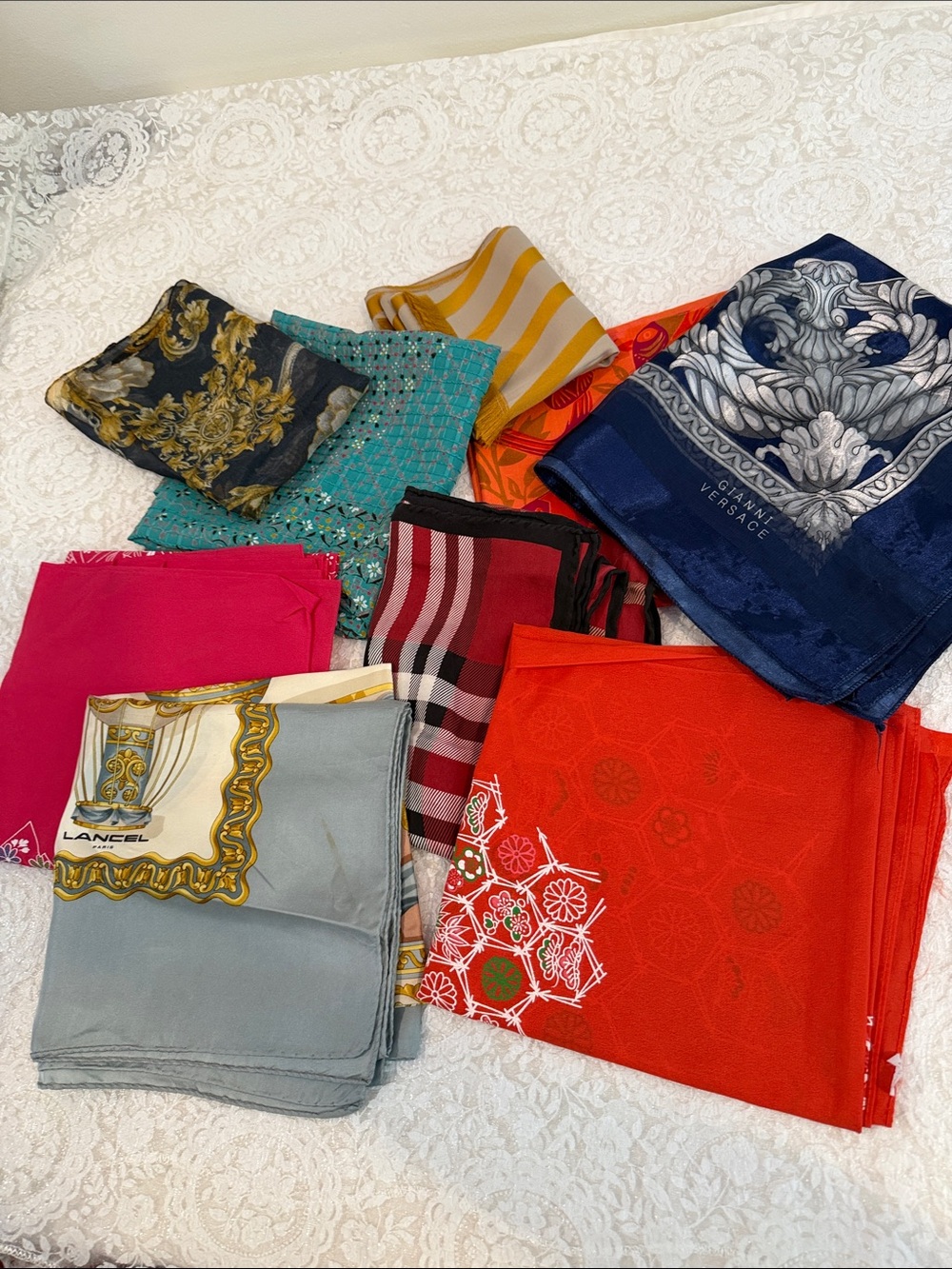 Versace Navy Blue and Multicolor Silk Scarf Bundle 9 pcs